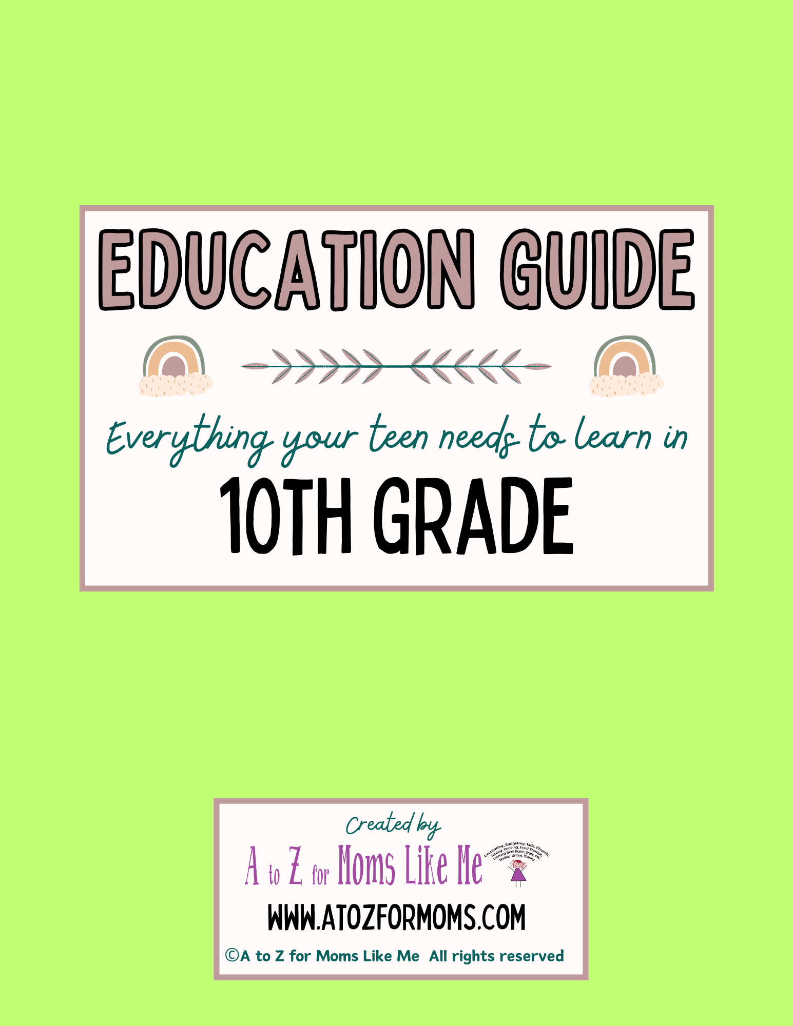 Educational Guide 10th Grade digital curriculum sample page for homeschool — A to Z for Moms Like Me