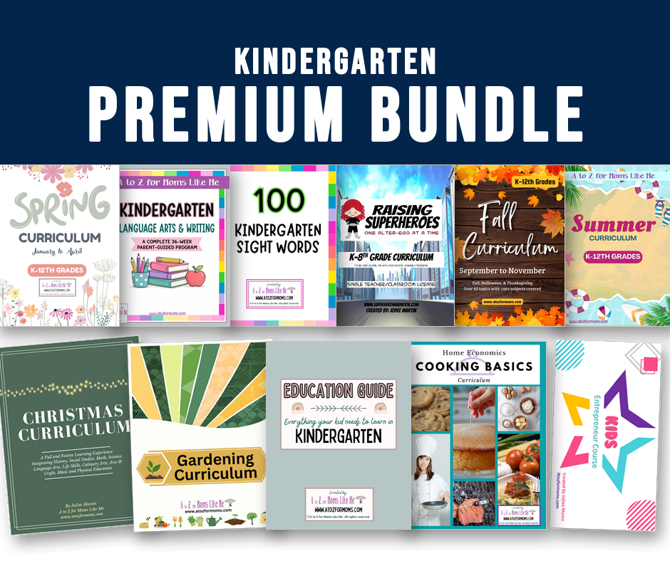 Kindergarten Premium Bundle: every curriculum in the Discovery Bundle plus Christmas, Gardening, Cooking Basics, Kids Entrepreneur Course and Summer