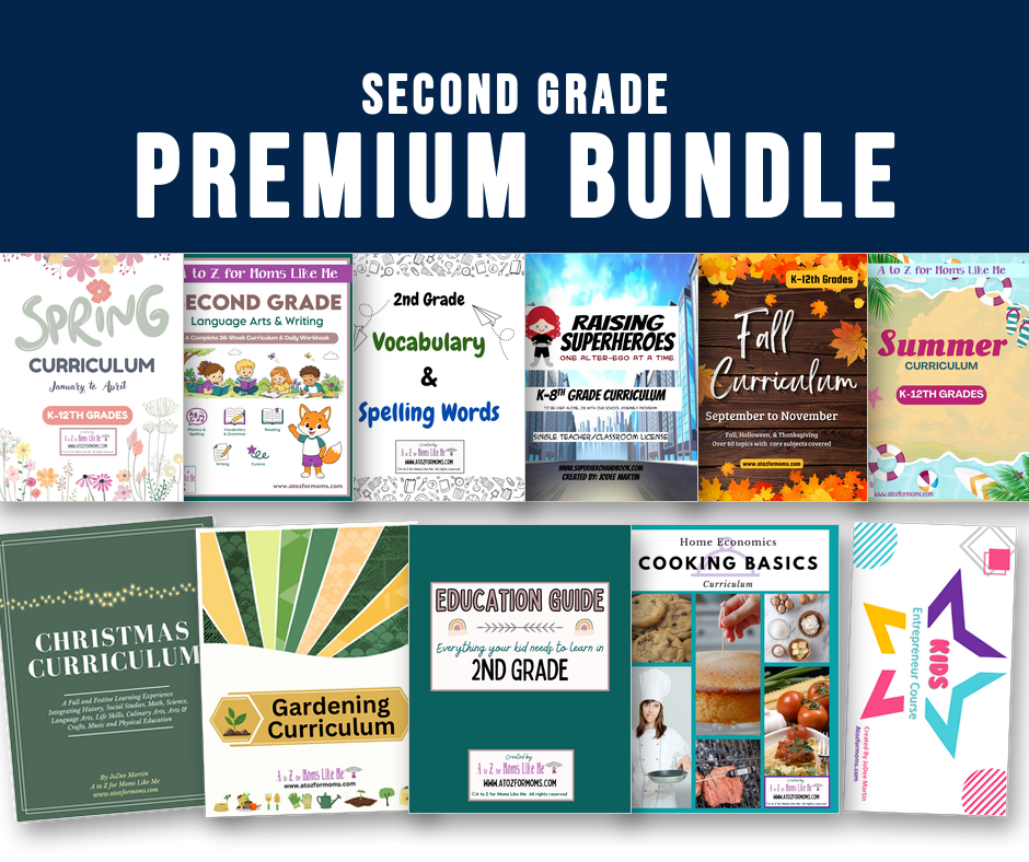 Second Grade Premium Bundle: every curriculum in the Discovery Bundle plus Christmas, Gardening, Cooking Basics, Kids Entrepreneur Course and Summer